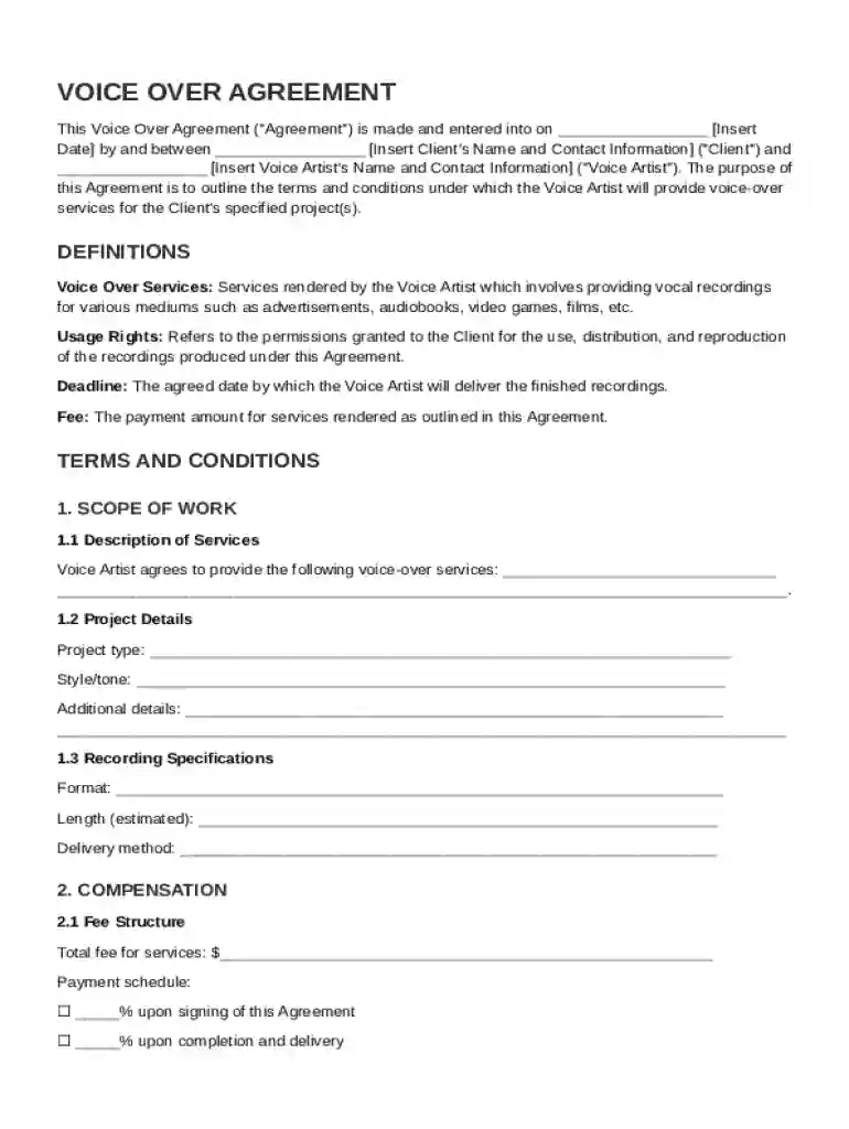 Voice Over Agreement Template Preview on Page 1