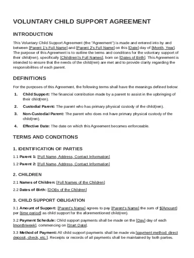 Voluntary Child Support Agreement Template Preview on Page 1