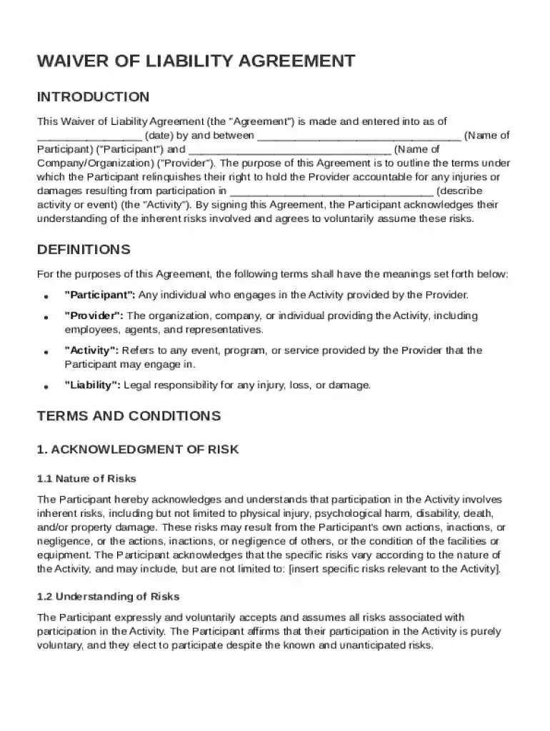 Waiver of Liability Agreement Template Preview on Page 1