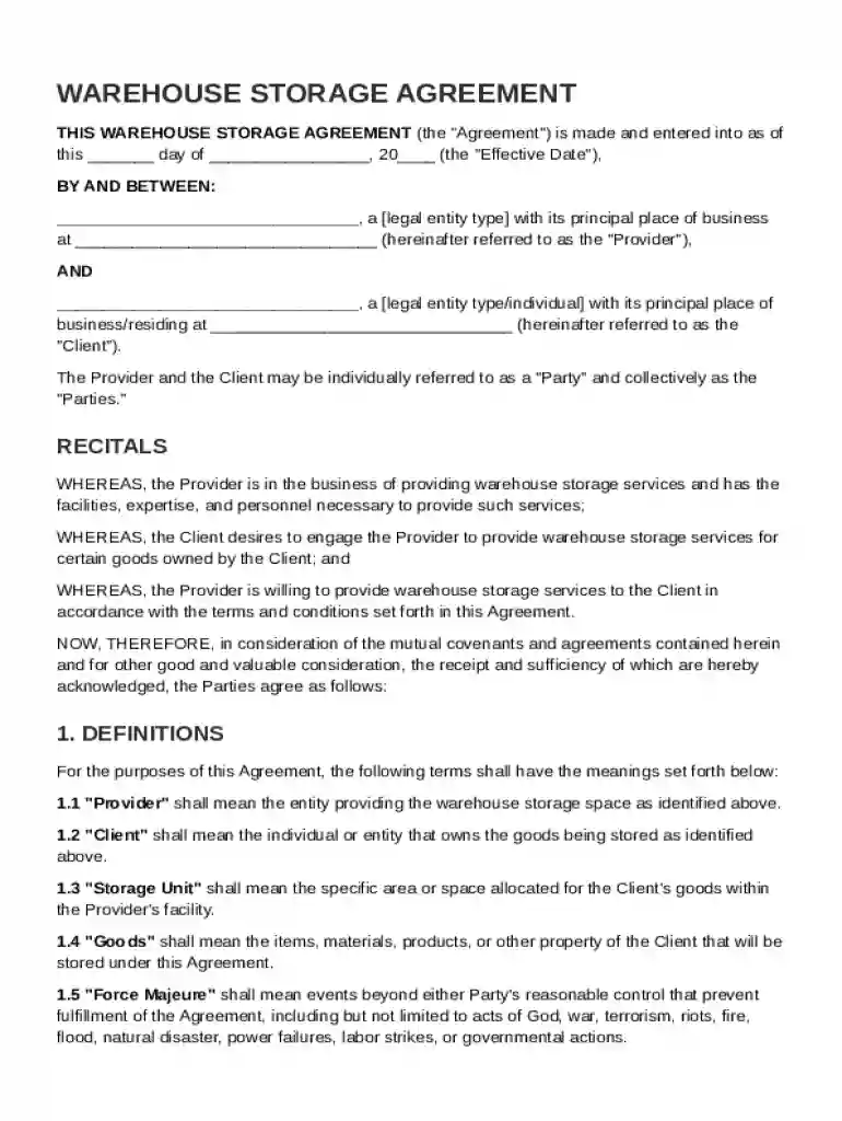 Warehouse Storage Agreement Template Preview on Page 1