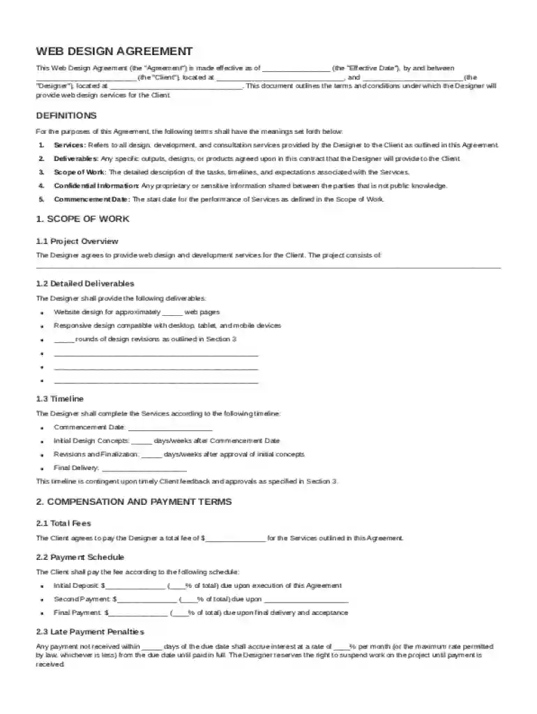Web Design Agreement Template Preview on Page 1