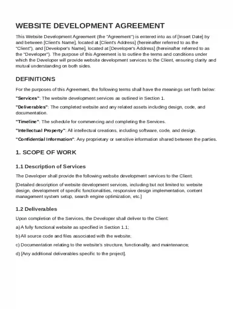 Website Development Agreement Template Preview on Page 1