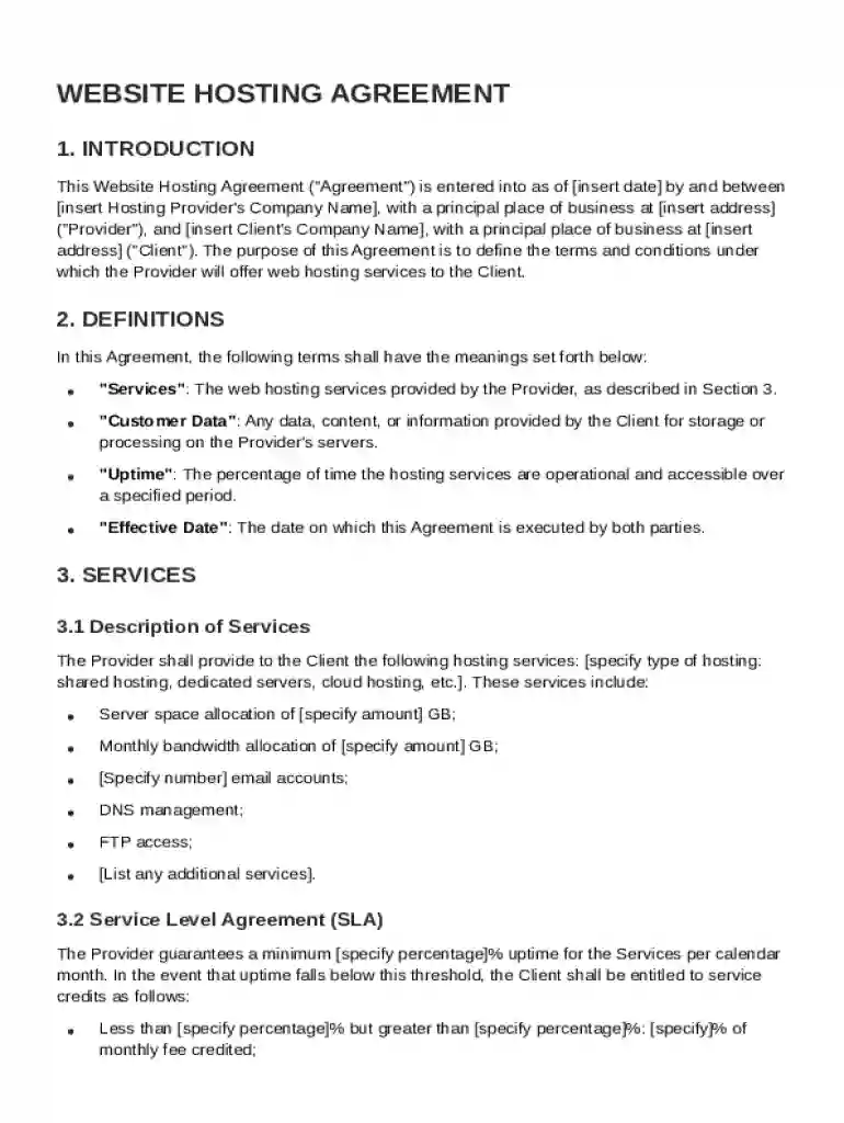 Website Hosting Agreement Template Preview on Page 1