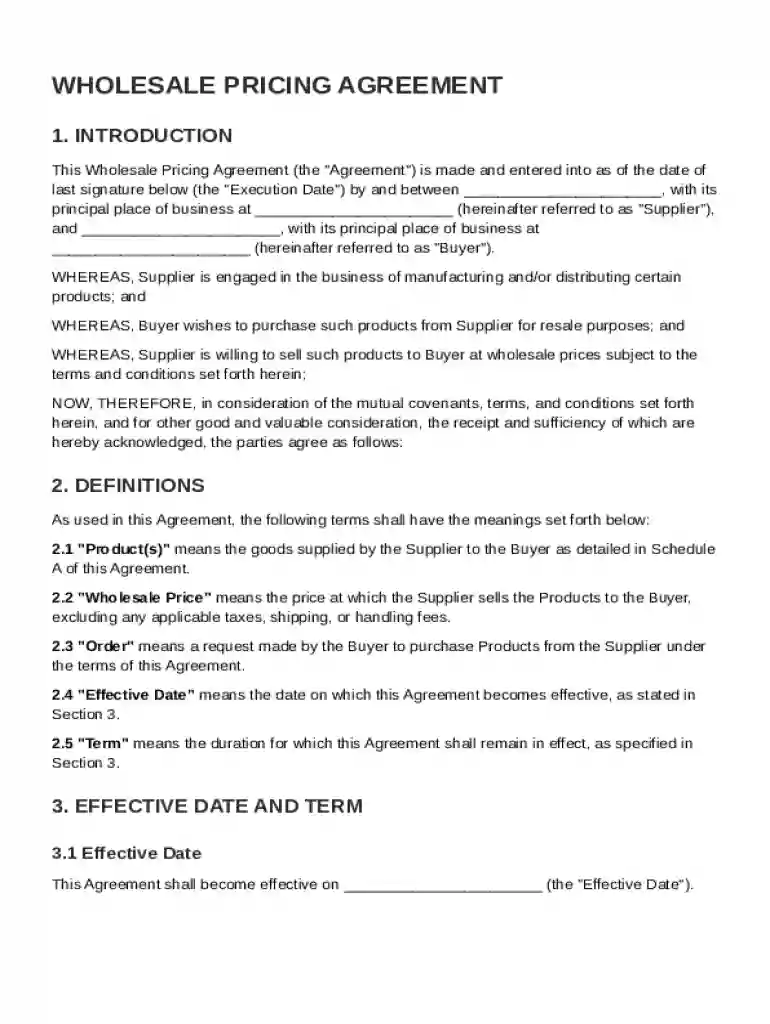 Wholesale Pricing Agreement Template Preview on Page 1