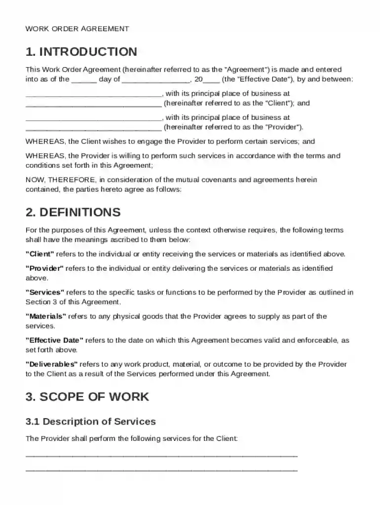 Work Order Agreement Template Preview on Page 1