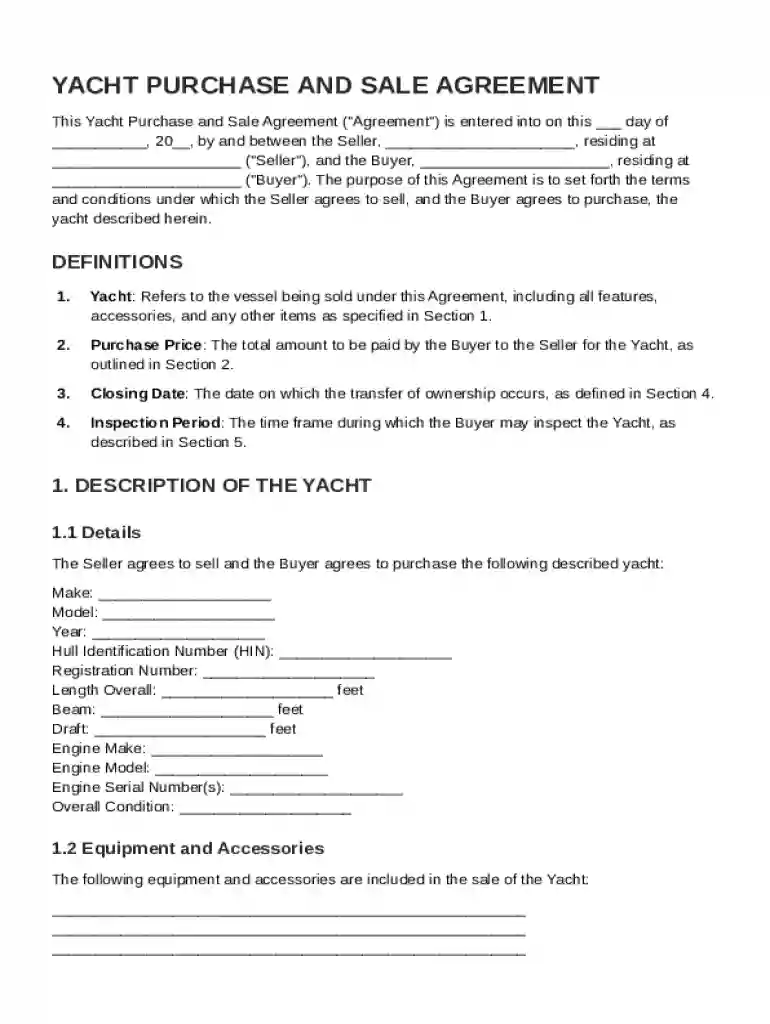 Yacht Purchase and Sale Agreement Template Preview on Page 1