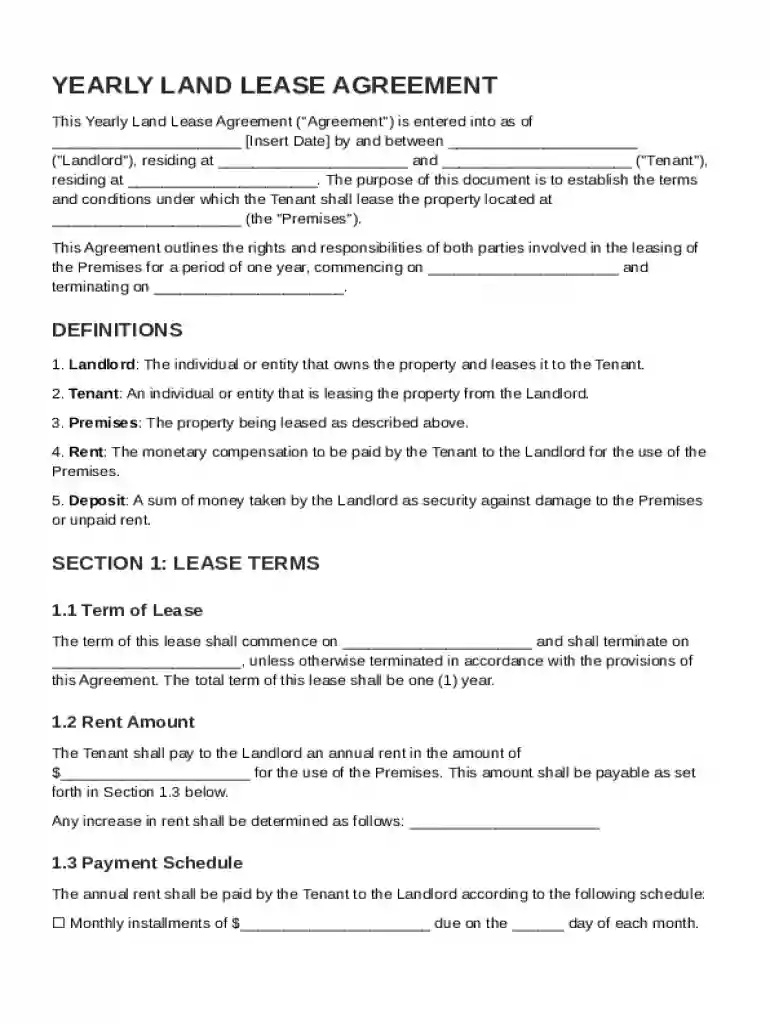 Yearly Land Lease Agreement Template Preview on Page 1