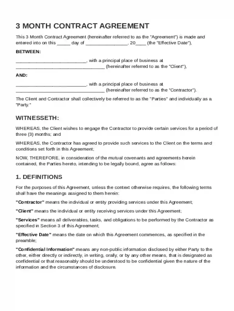 3 Month Contract Template Preview on Page 1