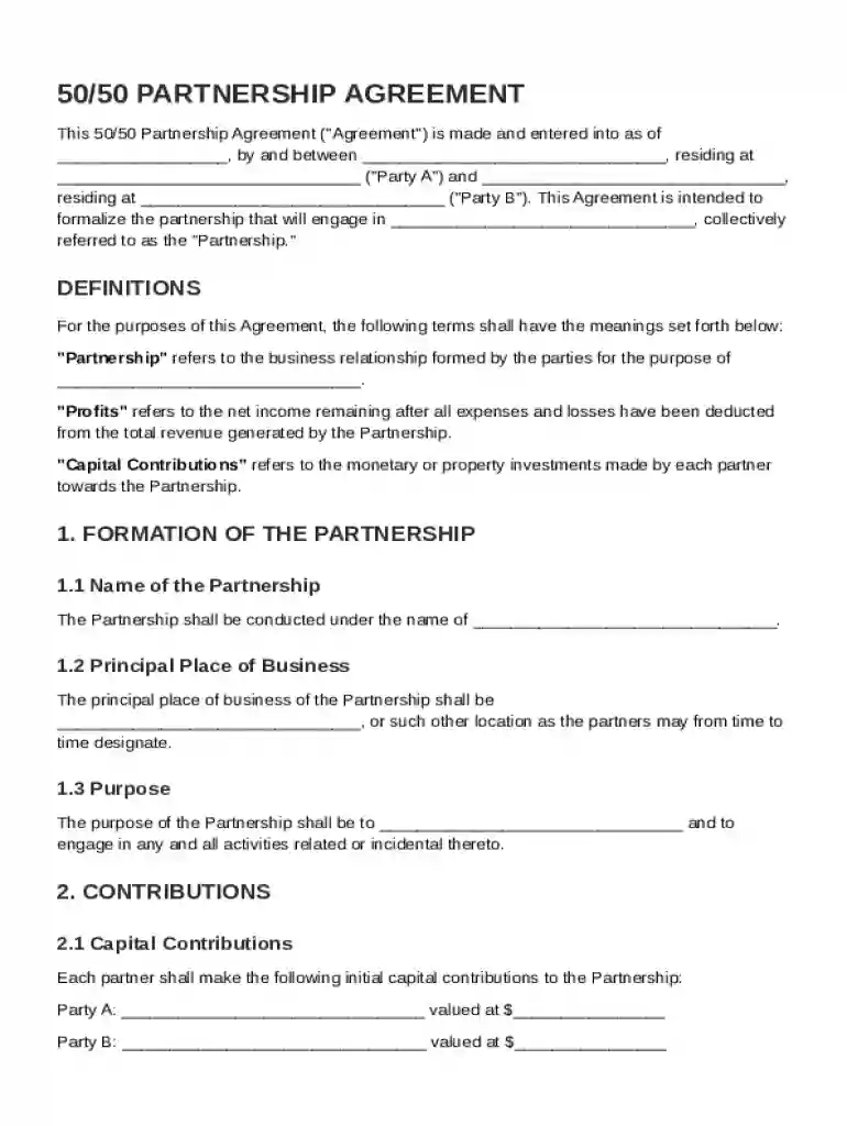 50-50 Partnership Contract Template Preview on Page 1