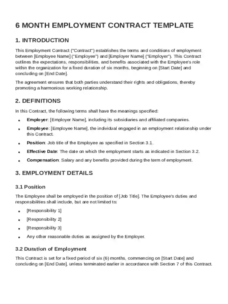 6 Month Employment Contract Template Preview on Page 1