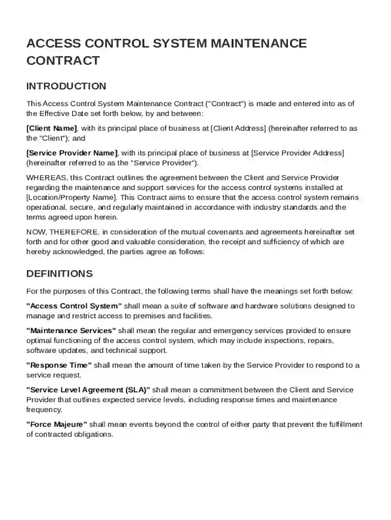 Access Control System Maintenance Contract Template Preview on Page 1