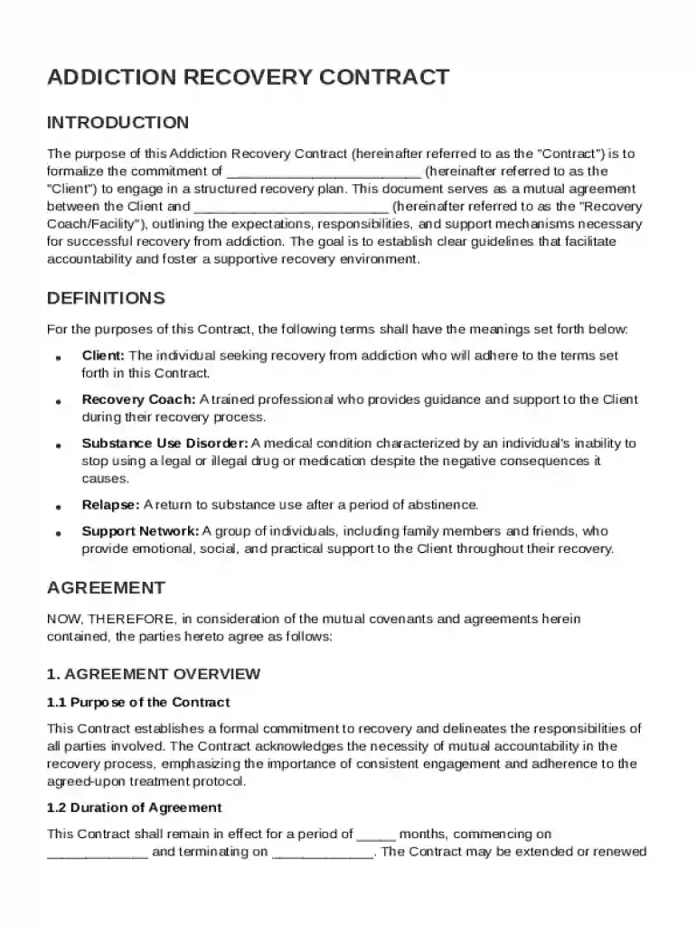 Addiction Recovery Contract Template Preview on Page 1