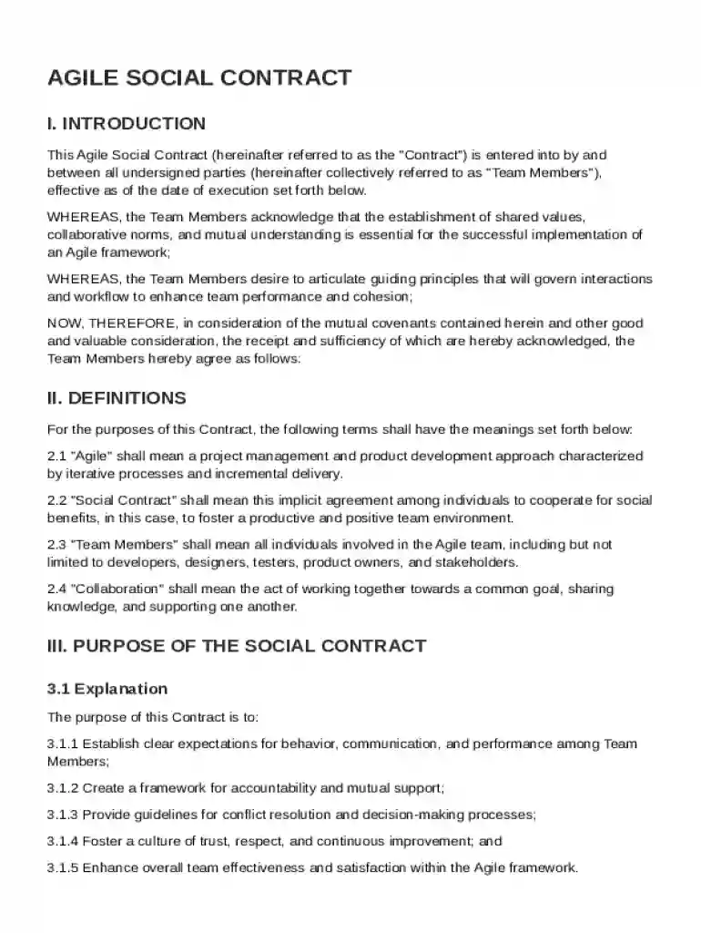 Agile Social Contract Template Preview on Page 1