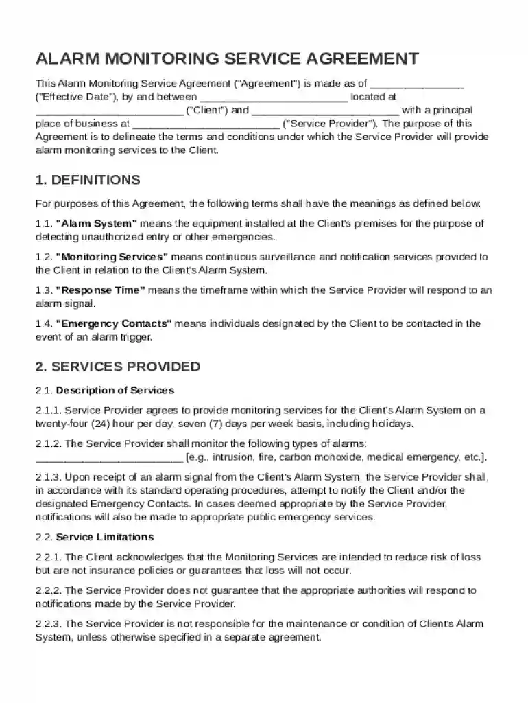 Alarm Monitor Contract Template Preview on Page 1
