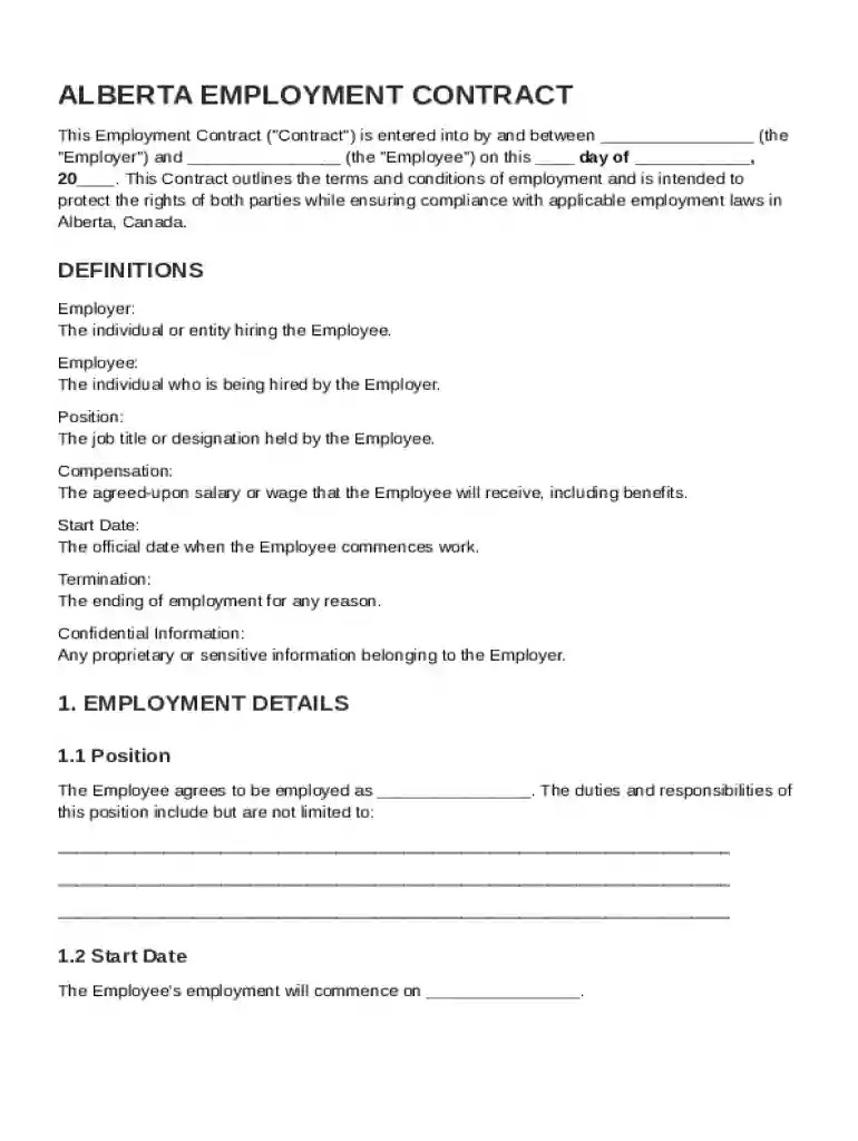 Alberta Employment Contract Template Preview on Page 1