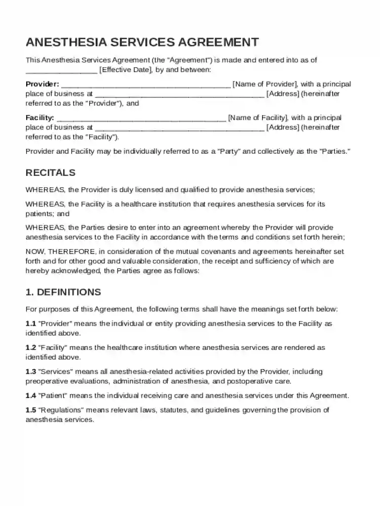 Anesthesia Contract Template Preview on Page 1