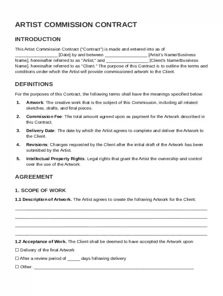 Artist Commission Contract Template Preview on Page 1