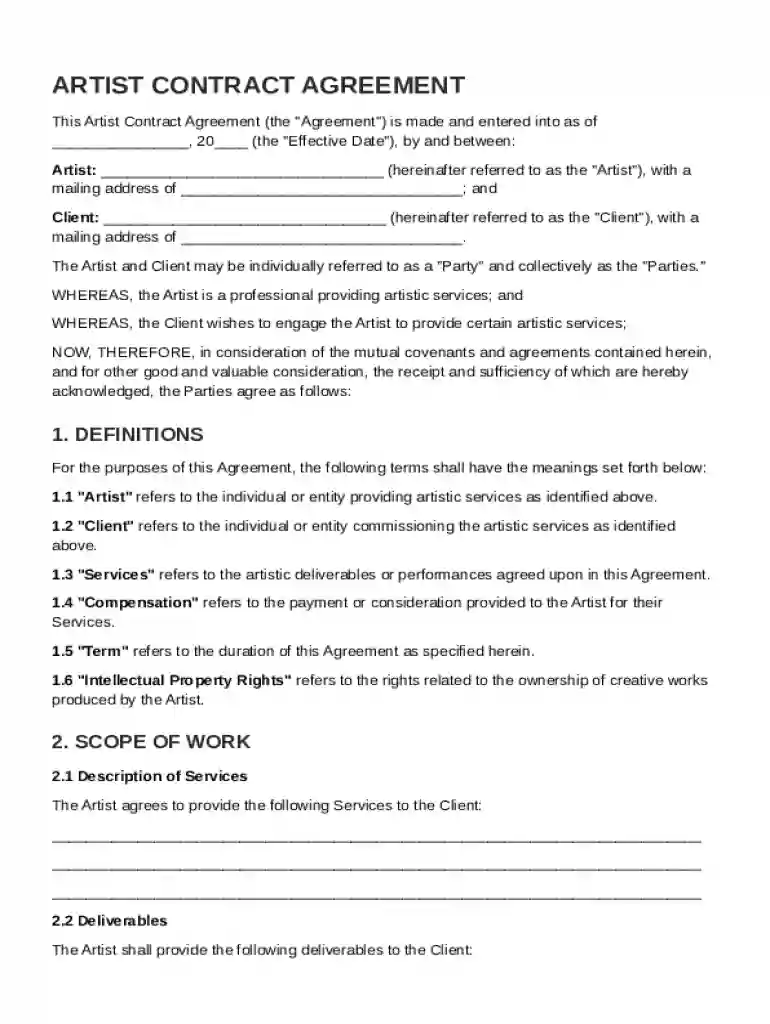 Artist Contract Template Preview on Page 1