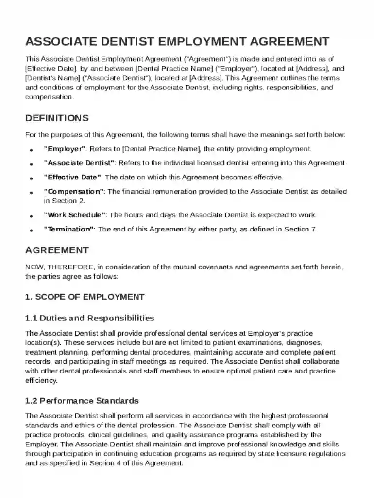 Associate Dentist Contract Template Preview on Page 1