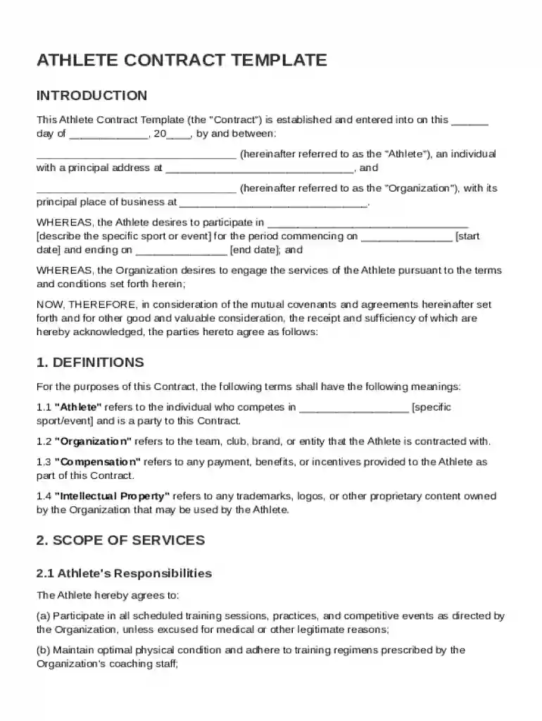 Athlete Contract Template Preview on Page 1
