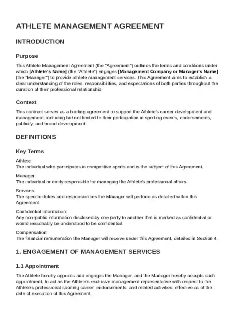 Athlete Management Contract Template Preview on Page 1