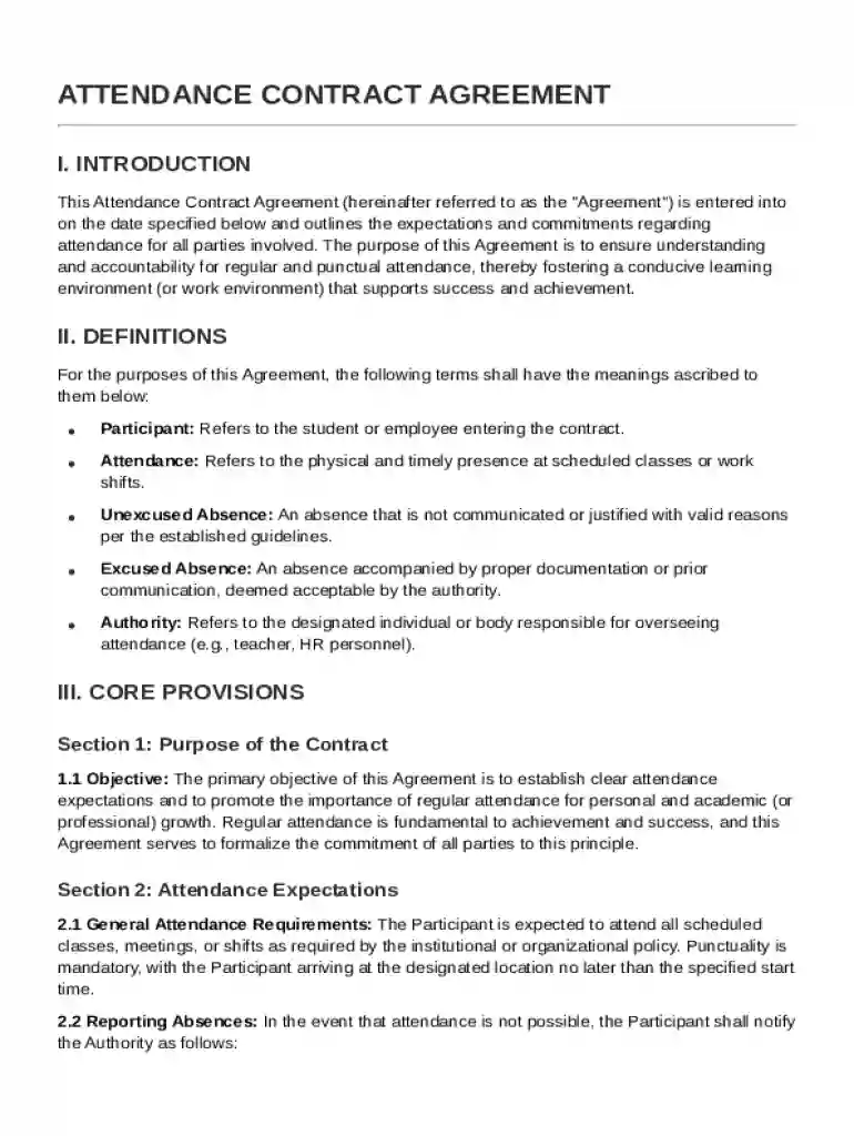 Attendance Contract Template Preview on Page 1