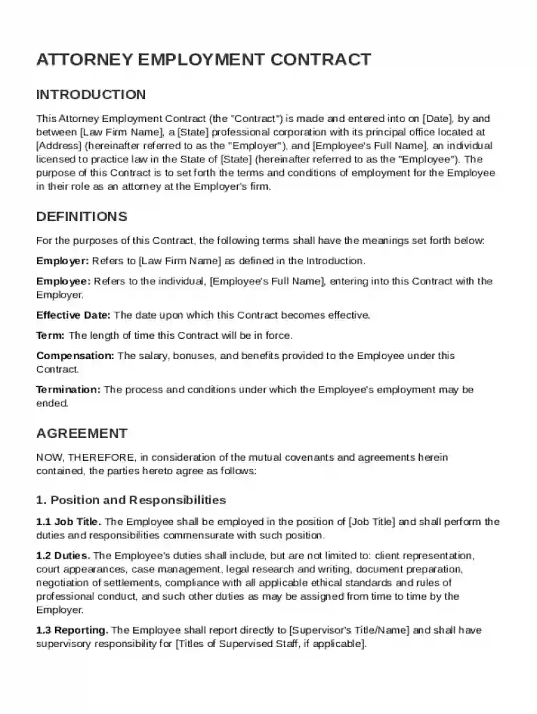 Attorney Employment Contract Template Preview on Page 1