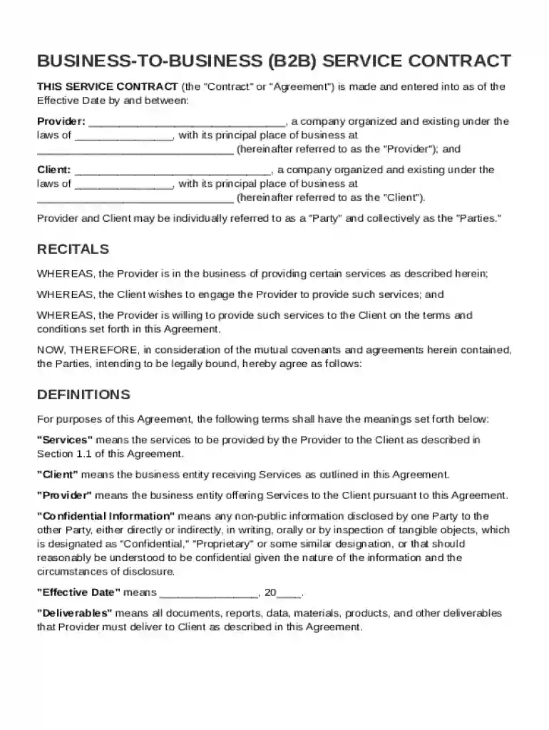 B2B Service Contract Template Preview on Page 1