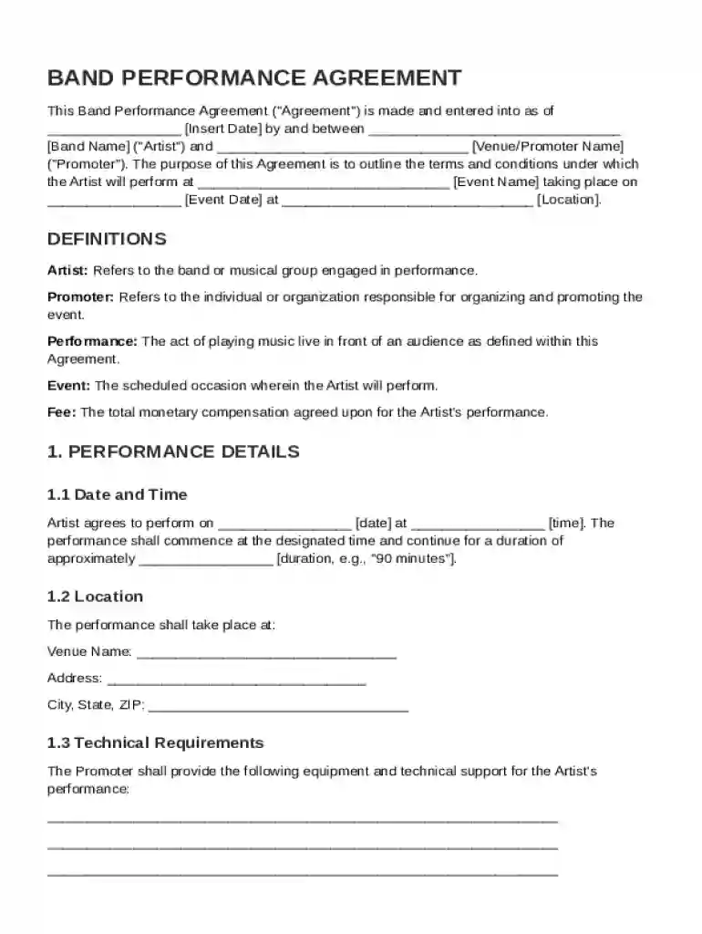 Band Performance Contract Template Preview on Page 1