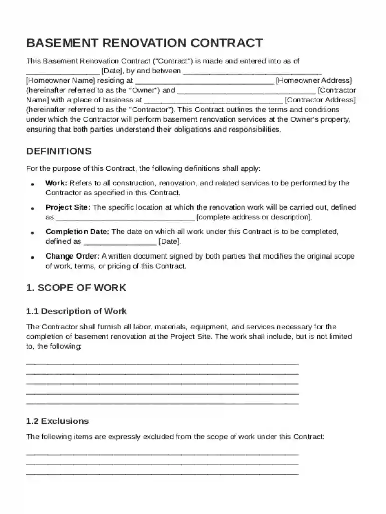 Basement Renovation Contract Template Preview on Page 1