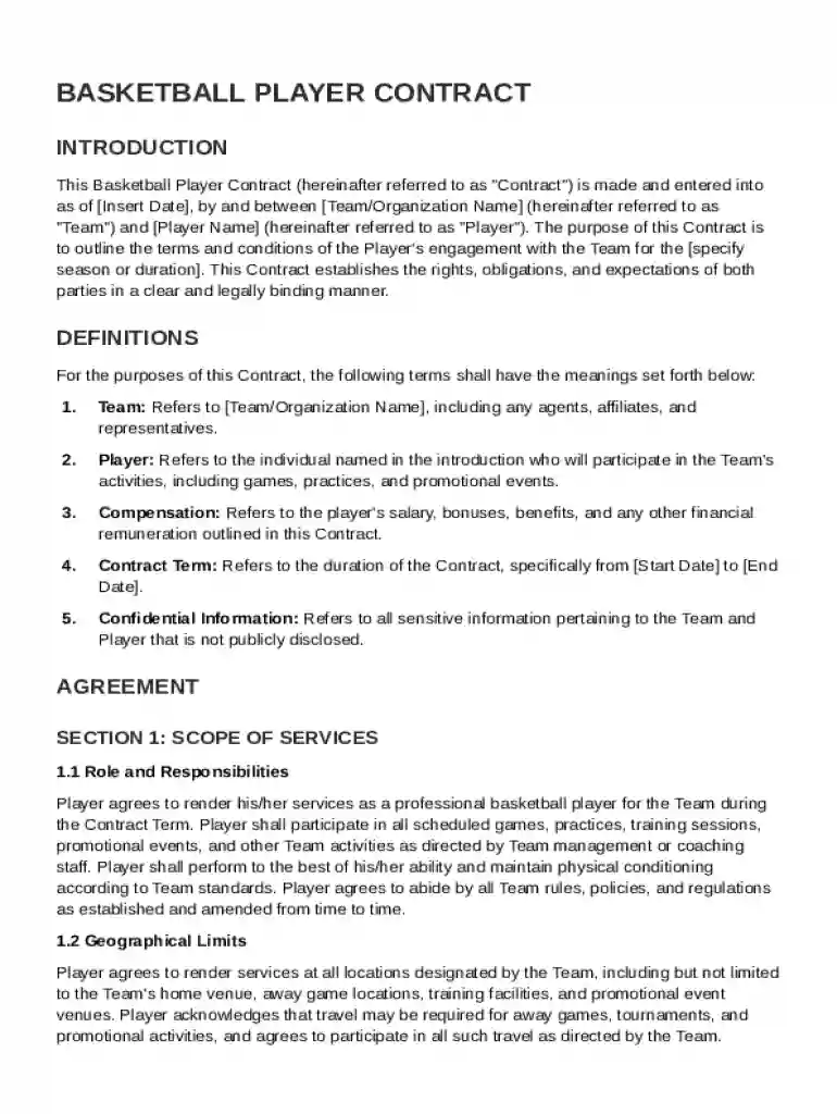Basketball Player Contract Template Preview on Page 1