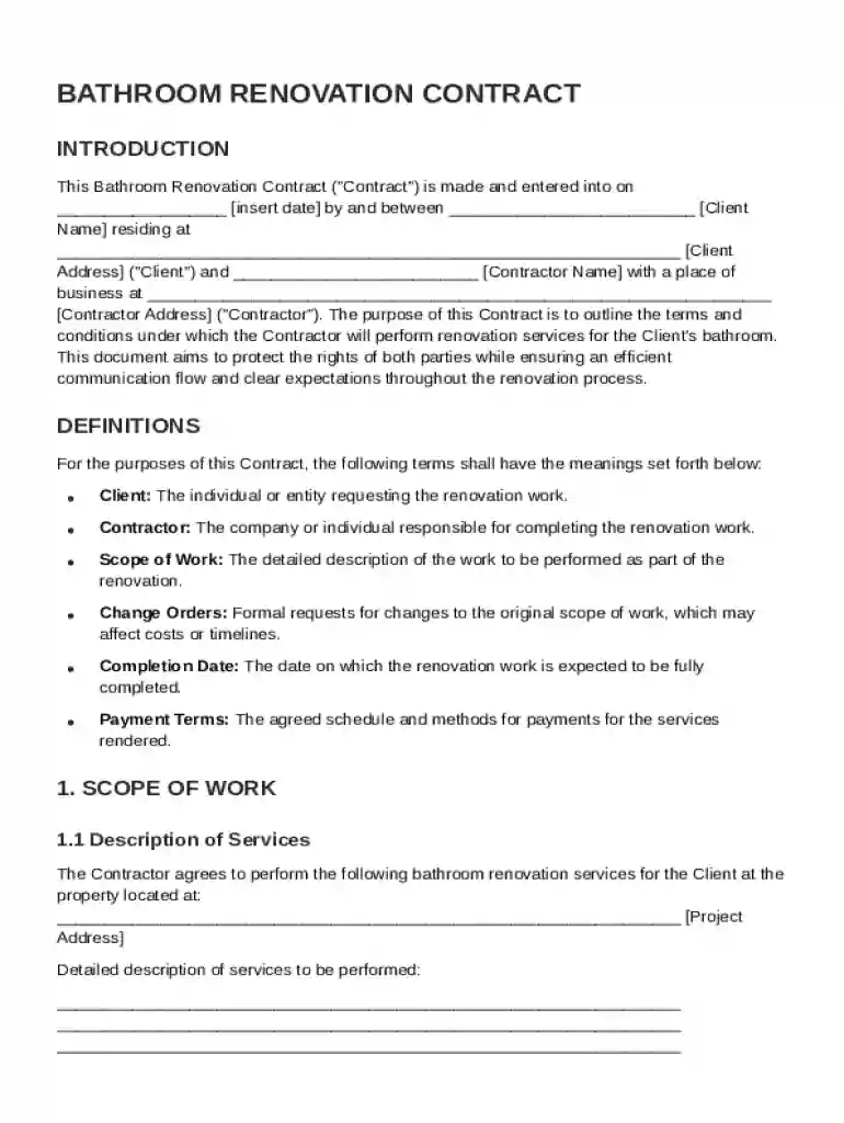 Bathroom Renovation Contract Template Preview on Page 1