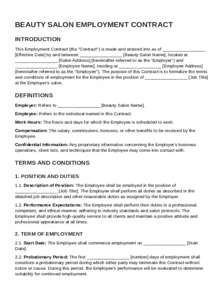 Beauty Salon Employment Contract Template Preview on Page 1