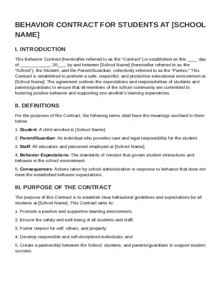 Behavior Elementary School Contract Template Preview on Page 1
