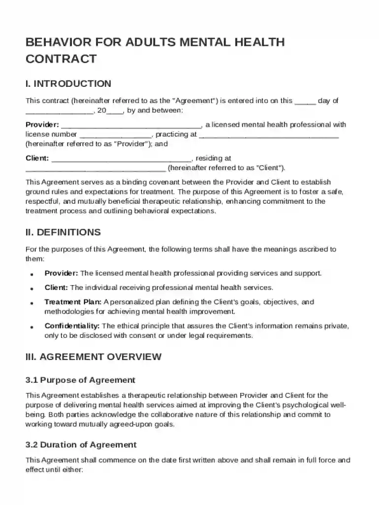 Behavior For Adults Mental Health Contract Template Preview on Page 1