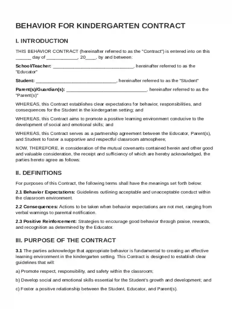 Behavior For Kindergarten Contract Template Preview on Page 1