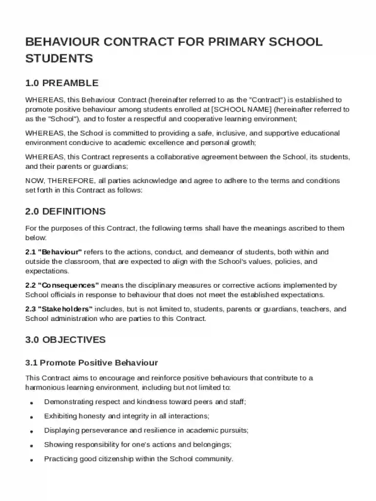 Behaviour Primary School Contract Template Preview on Page 1