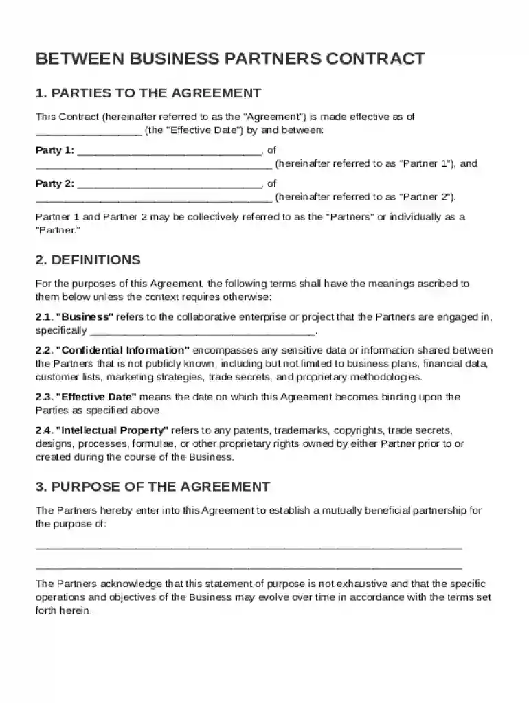 Between Business Partners Contract Template Preview on Page 1
