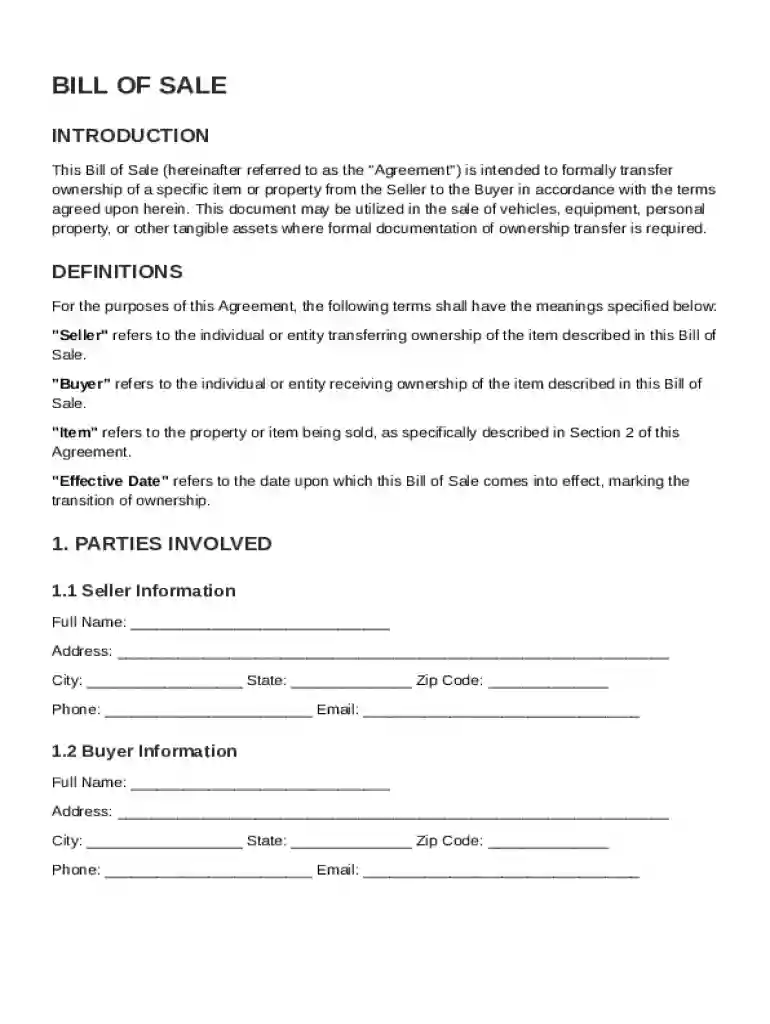 Bill Of Sale Contract Template Preview on Page 1