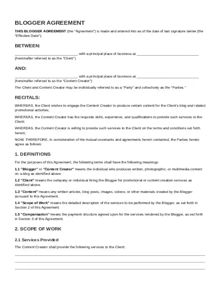 Blogger Contract Template Preview on Page 1