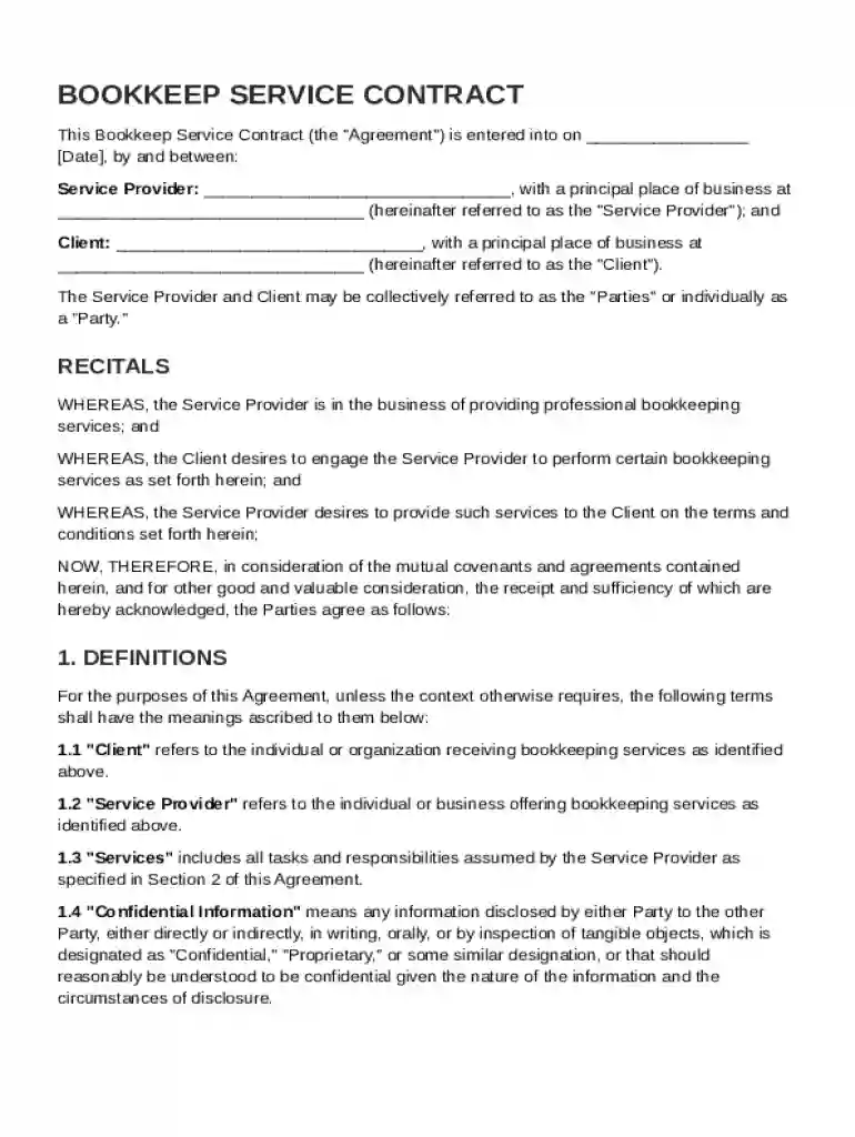 Bookkeep Service Contract Template Preview on Page 1