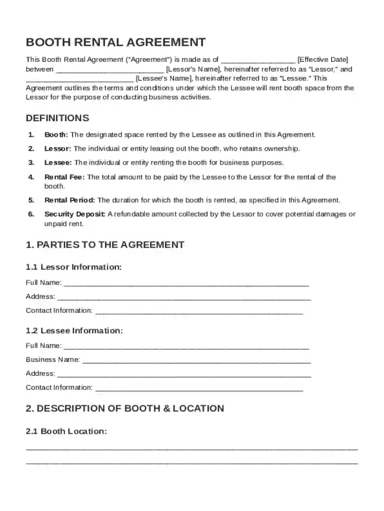 Booth Rental Contract Template Preview on Page 1