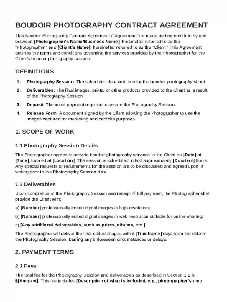 Boudoir Photography Contract Template Preview on Page 1