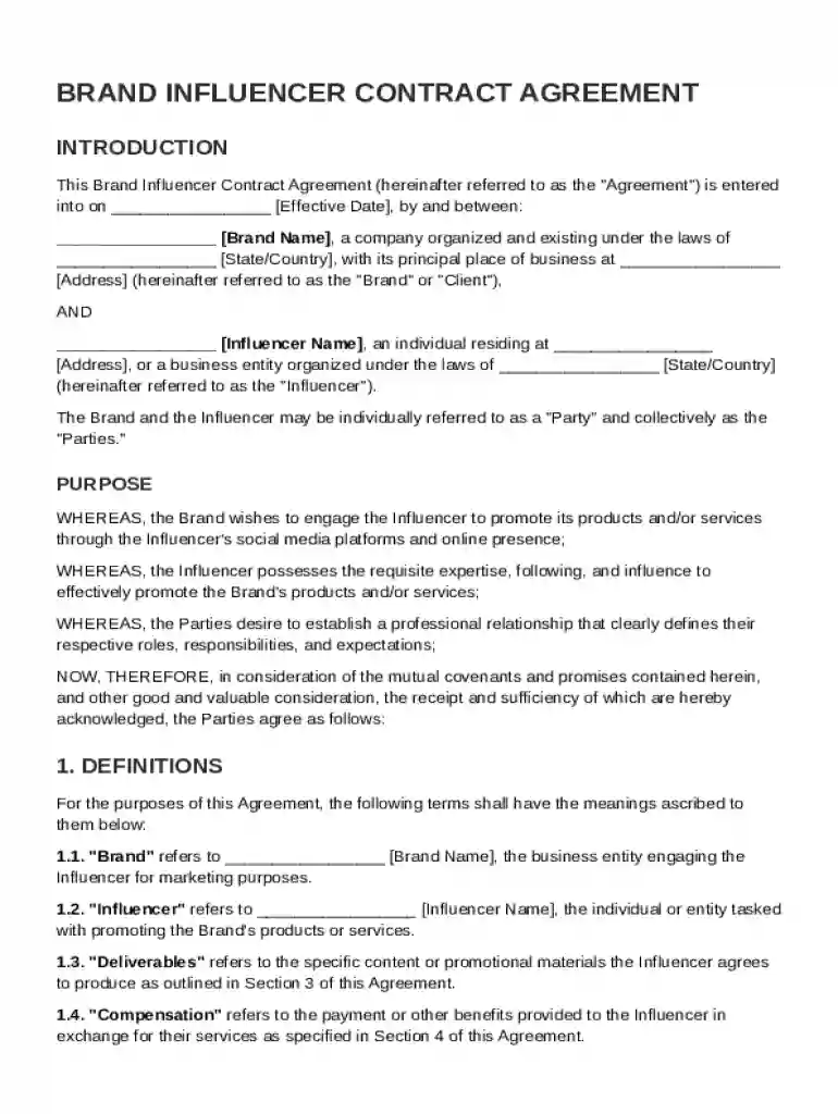 Brand Influencer Contract Template Preview on Page 1
