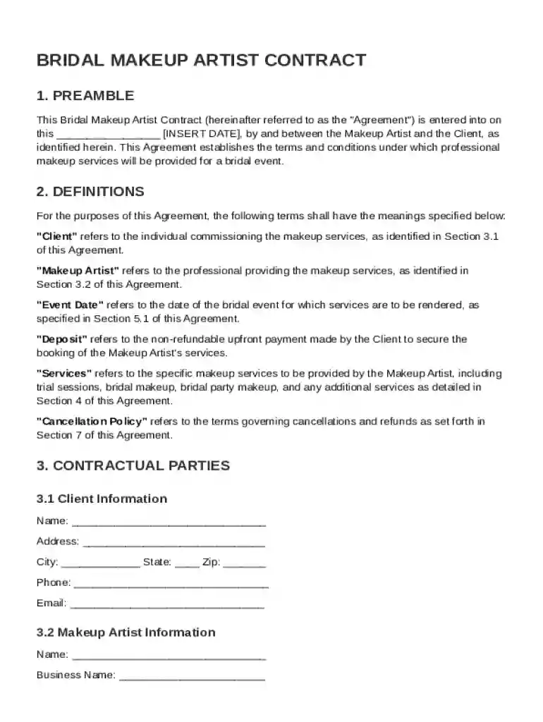 Bridal Makeup Artist Contract Template Preview on Page 1