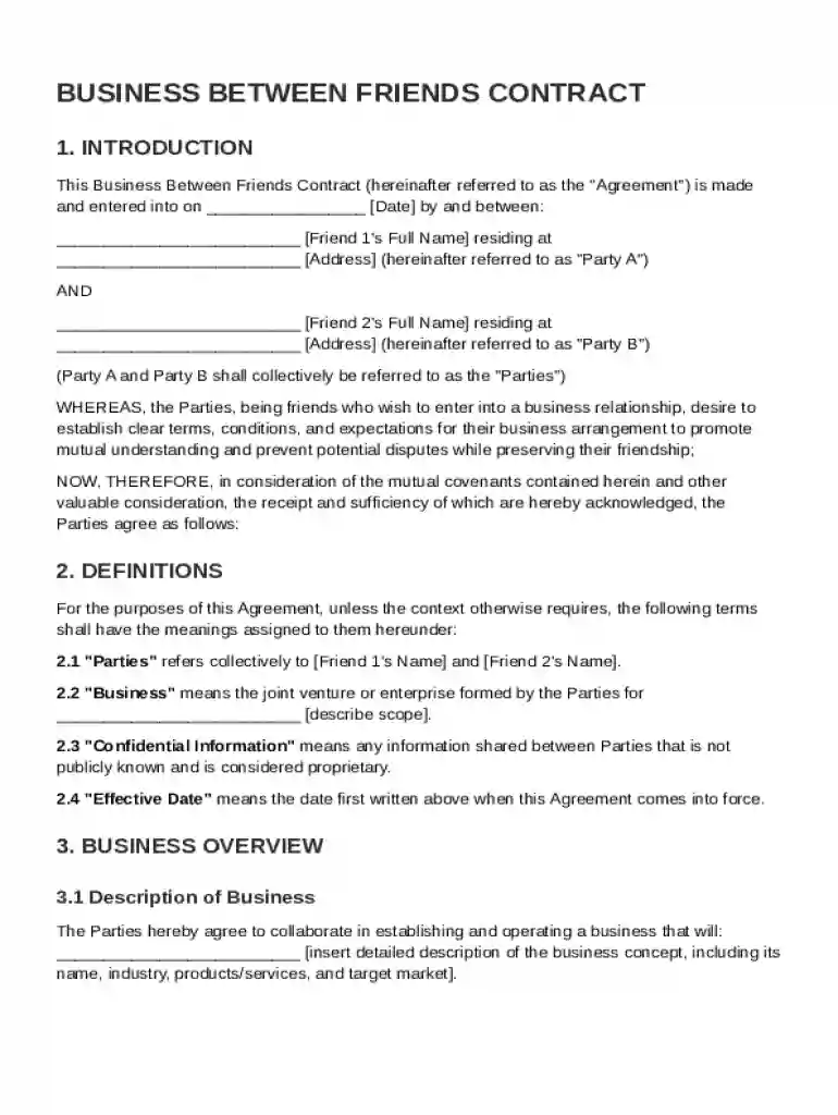 Business Between Friends Contract Template Preview on Page 1