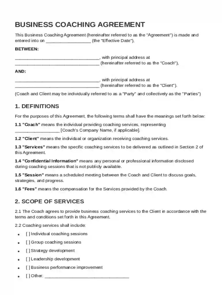 Business Coach Contract Template Preview on Page 1