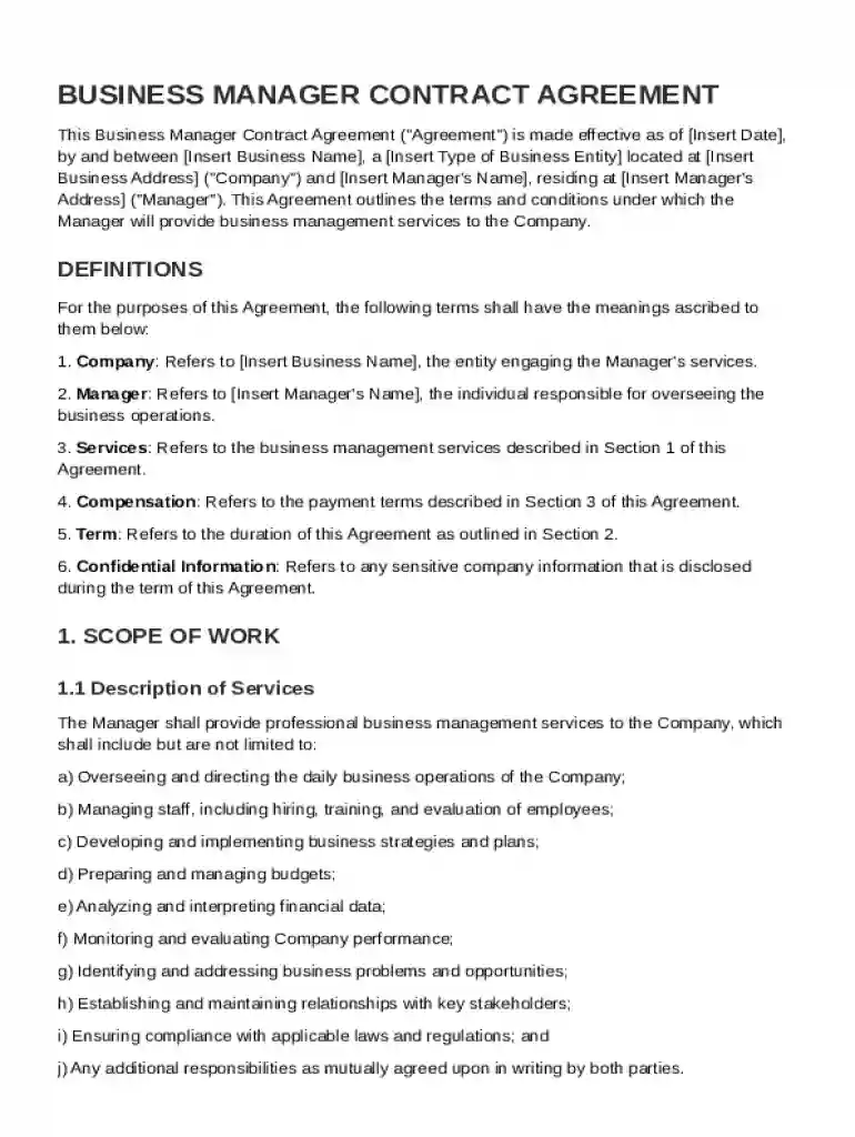 Business Manager Contract Template Preview on Page 1