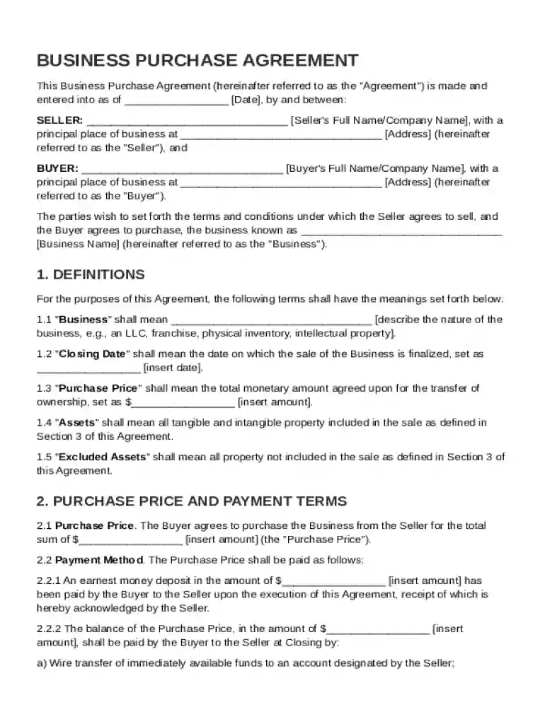 Business Purchase Contract Template Preview on Page 1