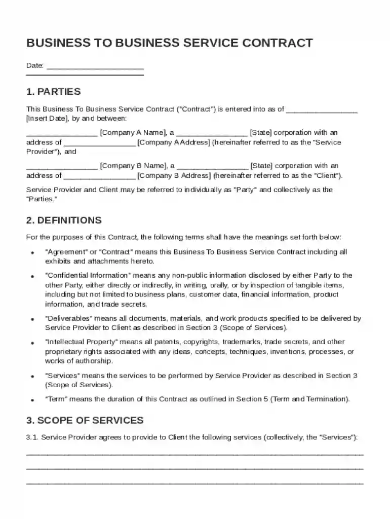 Business To Business Service Contract Template Preview on Page 1